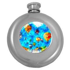 Hot Air Balloon Sky Art Watercolor Round Hip Flask (5 Oz) by Wegoenart