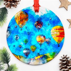 Hot Air Balloon Sky Art Watercolor Round Ornament (Two Sides)