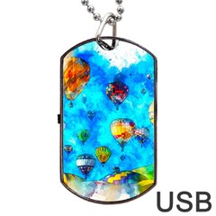 Hot Air Balloon Sky Art Watercolor Dog Tag USB Flash (One Side)