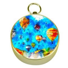 Hot Air Balloon Sky Art Watercolor Gold Compasses