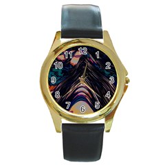 Pattern Texture Fractal Colorful Round Gold Metal Watch by Wegoenart