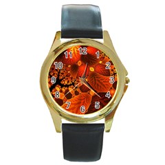 Leaf Autumn Nature Background Round Gold Metal Watch by Wegoenart