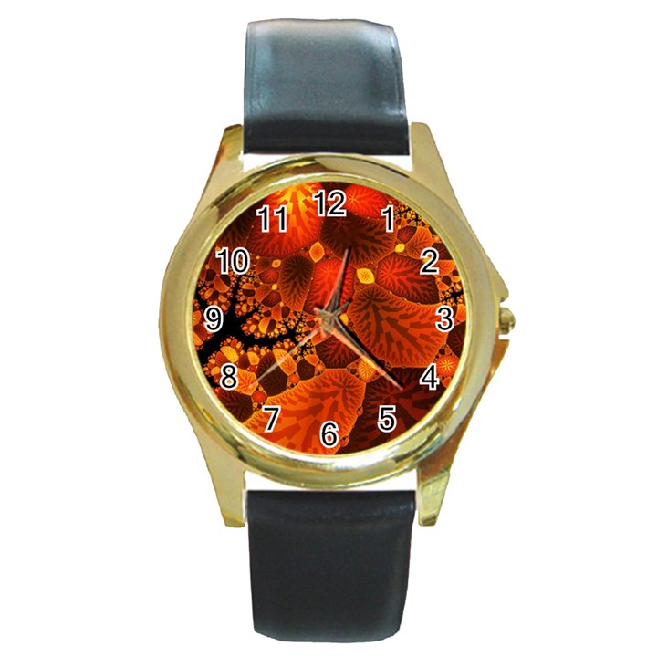 Leaf Autumn Nature Background Round Gold Metal Watch