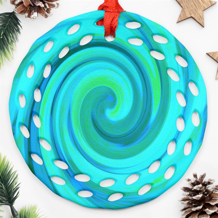 Groovy Cool Abstract Aqua Liquid Art Swirl Painting Ornament (Round Filigree)