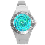 Groovy Cool Abstract Aqua Liquid Art Swirl Painting Round Plastic Sport Watch (L) Front