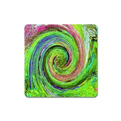 Groovy Abstract Green And Crimson Liquid Swirl Square Magnet by myrubiogarden