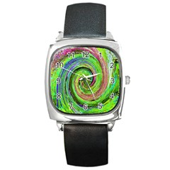 Groovy Abstract Green And Crimson Liquid Swirl Square Metal Watch by myrubiogarden