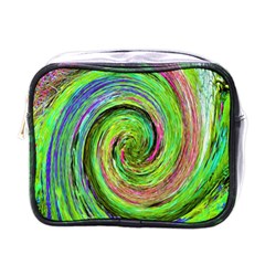 Groovy Abstract Green And Crimson Liquid Swirl Mini Toiletries Bag (one Side) by myrubiogarden