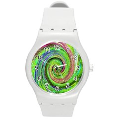 Groovy Abstract Green And Crimson Liquid Swirl Round Plastic Sport Watch (m) by myrubiogarden