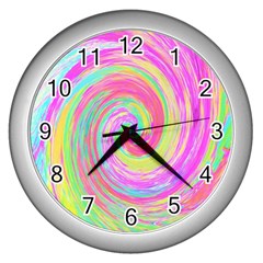 Groovy Abstract Pink And Blue Liquid Swirl Painting Wall Clock (silver) by myrubiogarden