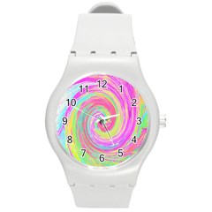 Groovy Abstract Pink And Blue Liquid Swirl Painting Round Plastic Sport Watch (m) by myrubiogarden