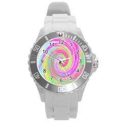 Groovy Abstract Pink And Blue Liquid Swirl Painting Round Plastic Sport Watch (l) by myrubiogarden