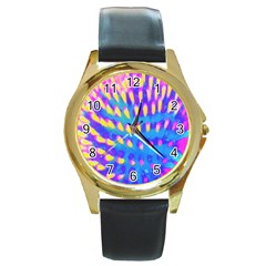 Pink, Blue And Yellow Abstract Coneflower Round Gold Metal Watch by myrubiogarden