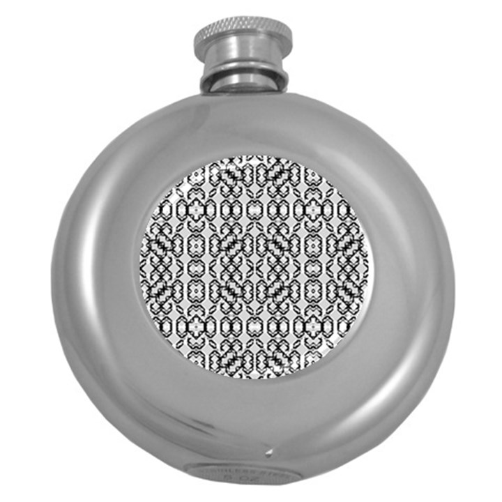 Black And White Intricate Modern Geometric Pattern Round Hip Flask (5 oz)