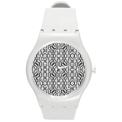 Black And White Intricate Modern Geometric Pattern Round Plastic Sport Watch (m)