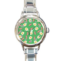 Bacon And Egg Pop Art Pattern Round Italian Charm Watch by Valentinaart