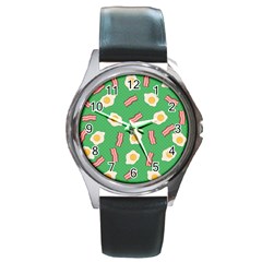 Bacon And Egg Pop Art Pattern Round Metal Watch by Valentinaart