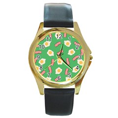 Bacon And Egg Pop Art Pattern Round Gold Metal Watch by Valentinaart