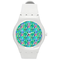 Garden Quilt Painting With Hydrangea And Blues Round Plastic Sport Watch (m) by myrubiogarden