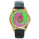 Groovy Abstract Green And Red Lava Liquid Swirl Round Gold Metal Watch Front