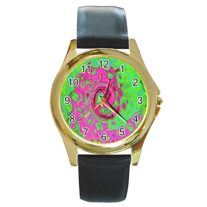 Groovy Abstract Green And Red Lava Liquid Swirl Round Gold Metal Watch