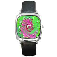 Groovy Abstract Green And Red Lava Liquid Swirl Square Metal Watch by myrubiogarden