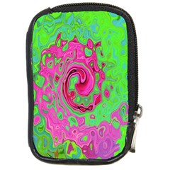 Groovy Abstract Green And Red Lava Liquid Swirl Compact Camera Leather Case by myrubiogarden