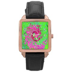 Groovy Abstract Green And Red Lava Liquid Swirl Rose Gold Leather Watch  by myrubiogarden