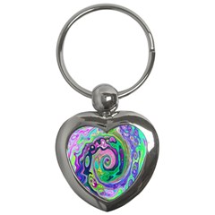 Groovy Abstract Aqua And Navy Lava Liquid Swirl Key Chains (heart)  by myrubiogarden