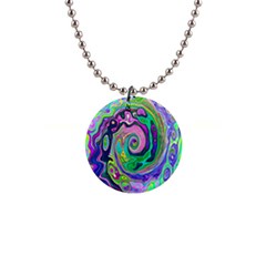 Groovy Abstract Aqua And Navy Lava Liquid Swirl 1  Button Necklace