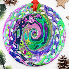 Groovy Abstract Aqua And Navy Lava Liquid Swirl Round Filigree Ornament (two Sides)