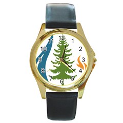 Forest Christmas Tree Spruce Round Gold Metal Watch