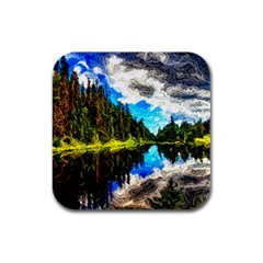 Color Lake Mountain Painting Rubber Square Coaster (4 Pack)  by Pakrebo