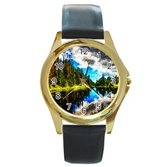 Color Lake Mountain Painting Round Gold Metal Watch by Pakrebo