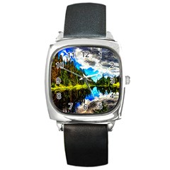 Color Lake Mountain Painting Square Metal Watch by Pakrebo