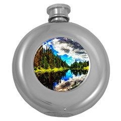 Color Lake Mountain Painting Round Hip Flask (5 Oz) by Pakrebo