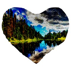 Color Lake Mountain Painting Large 19  Premium Flano Heart Shape Cushions