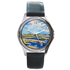 The Landscape Water Blue Painting Round Metal Watch by Pakrebo