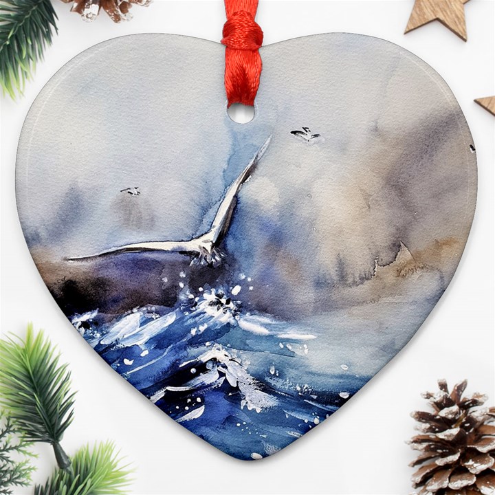 Art Painting Sea Storm Seagull Heart Ornament (Two Sides)