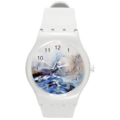 Art Painting Sea Storm Seagull Round Plastic Sport Watch (m)