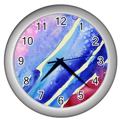 Painting Abstract Blue Pink Spots Wall Clock (silver) by Pakrebo