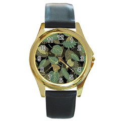 Autumn Fallen Leaves Dried Leaves Round Gold Metal Watch by Pakrebo