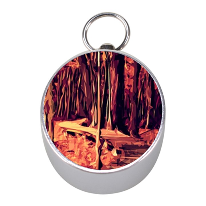 Forest Autumn Trees Trail Road Mini Silver Compasses