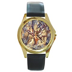 Tree Forest Woods Nature Landscape Round Gold Metal Watch by Pakrebo