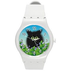 Kitten Black Furry Illustration Round Plastic Sport Watch (m) by Pakrebo