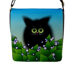 Kitten Black Furry Illustration Flap Closure Messenger Bag (l) by Pakrebo