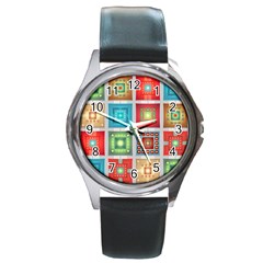 Tiles Pattern Background Colorful Round Metal Watch