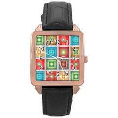 Tiles Pattern Background Colorful Rose Gold Leather Watch 