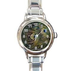 Peacock Tail Feathers Close Up Round Italian Charm Watch by Pakrebo