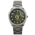 Peacock Tail Feathers Close Up Sport Metal Watch Front